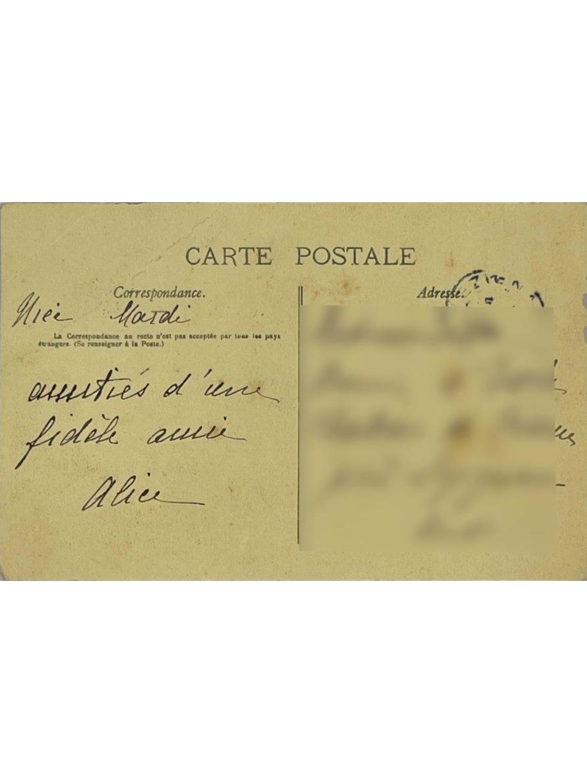 Verso de la carte postale