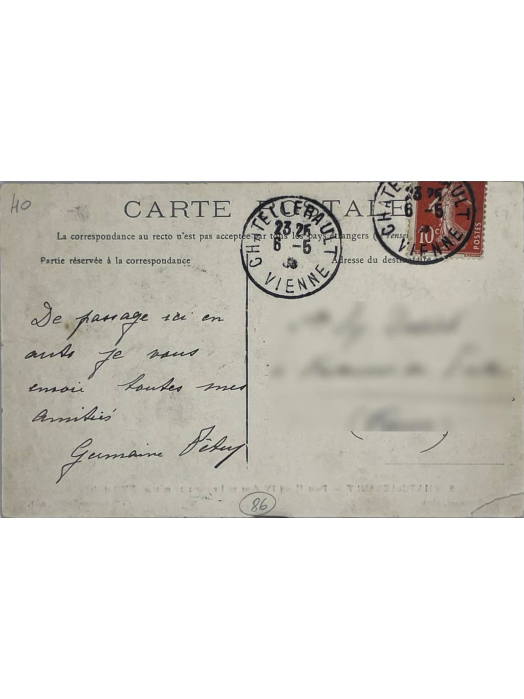 Verso de la carte postale