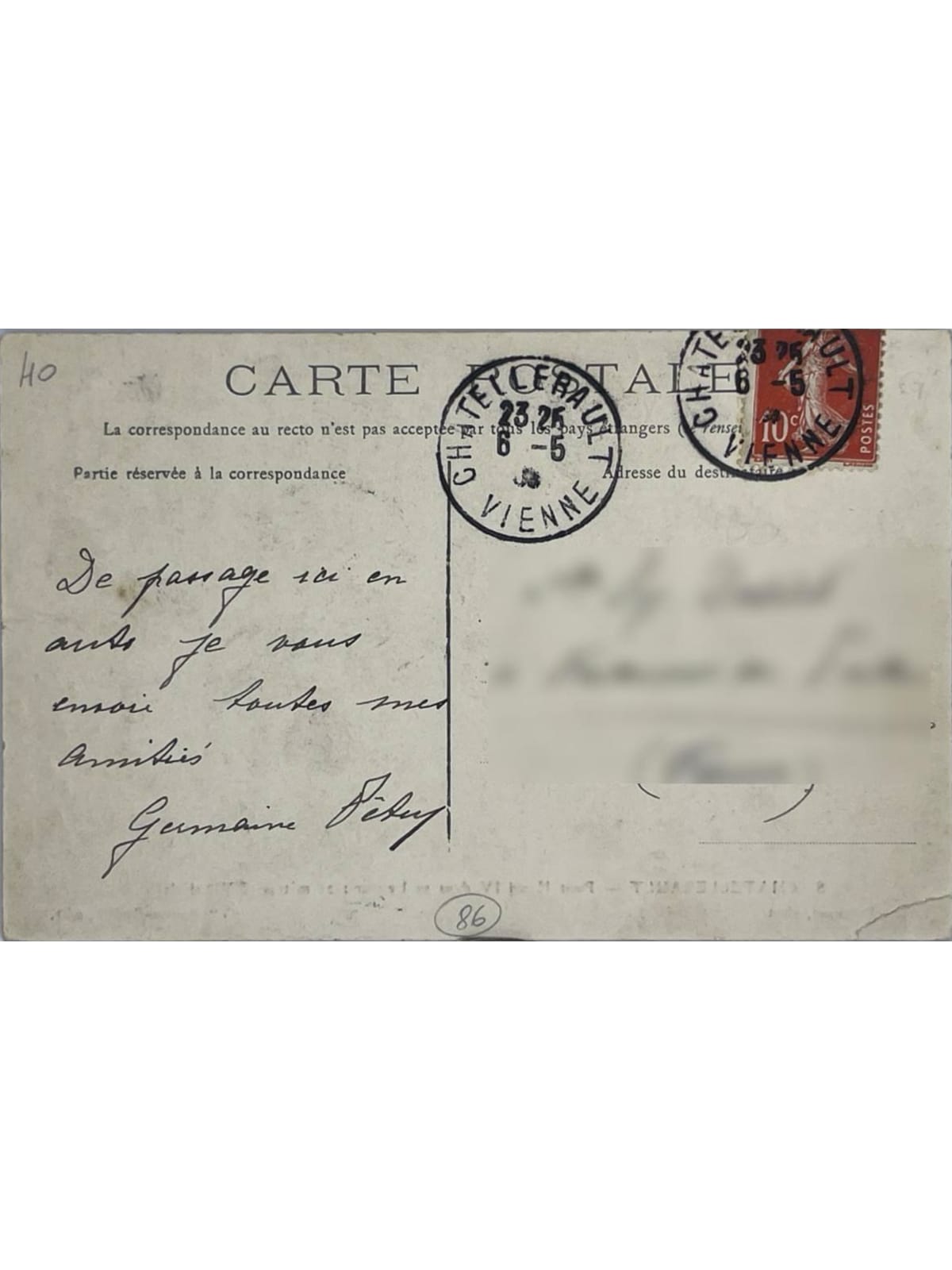Verso de la carte postale