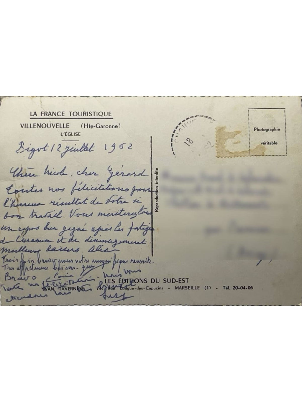 Verso de la carte postale