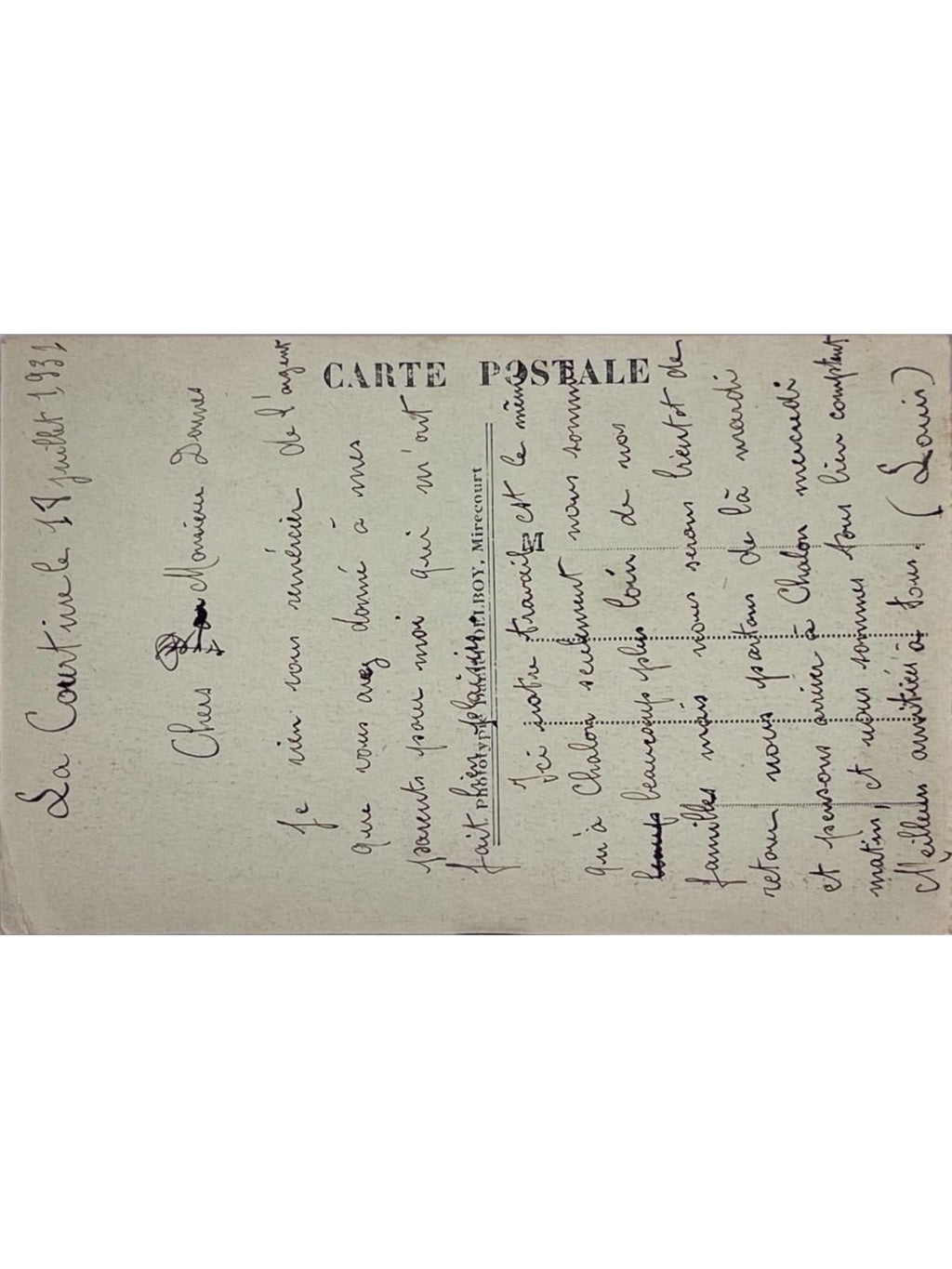 Verso de la carte postale