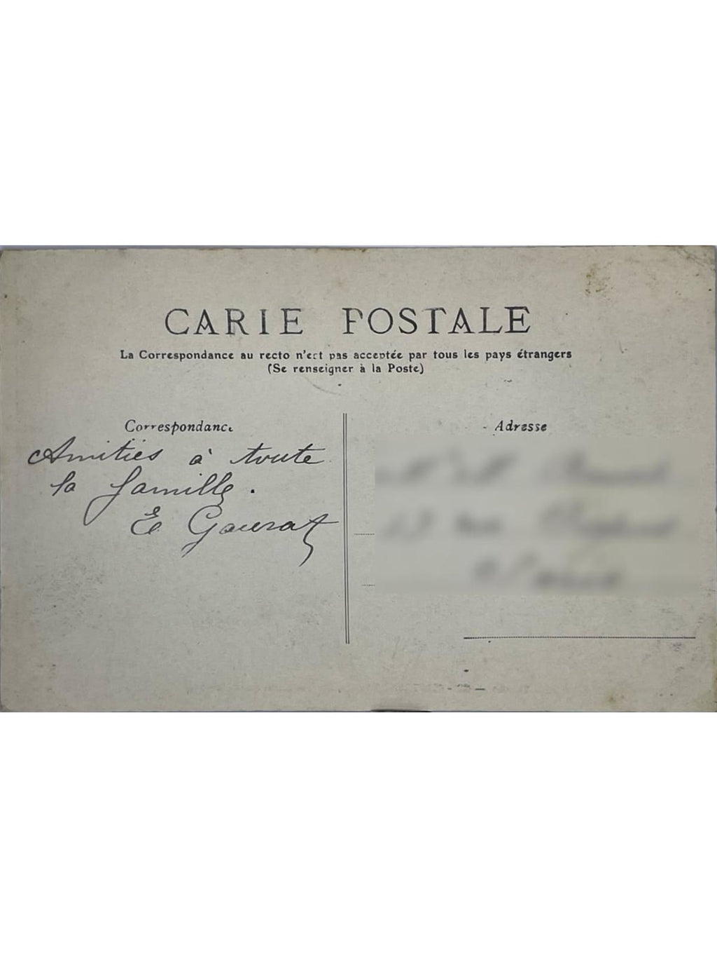 Verso de la carte postale
