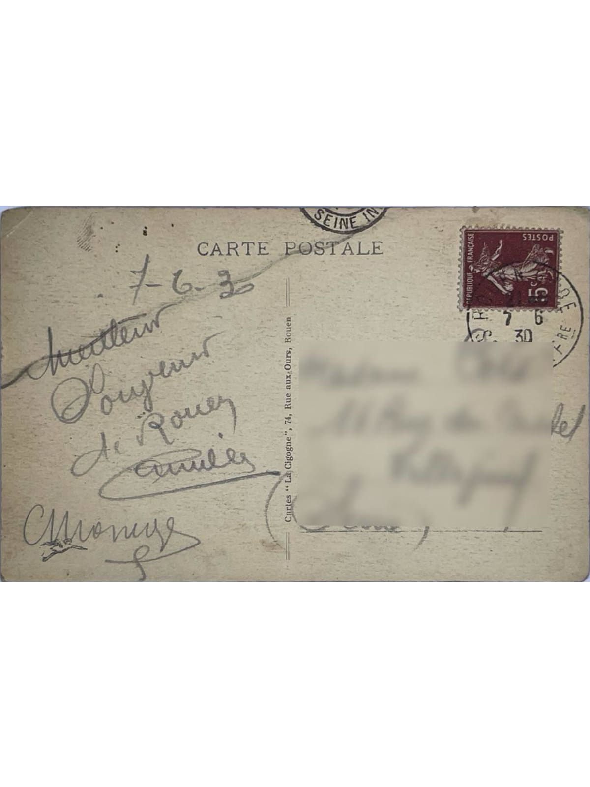 Verso de la carte postale