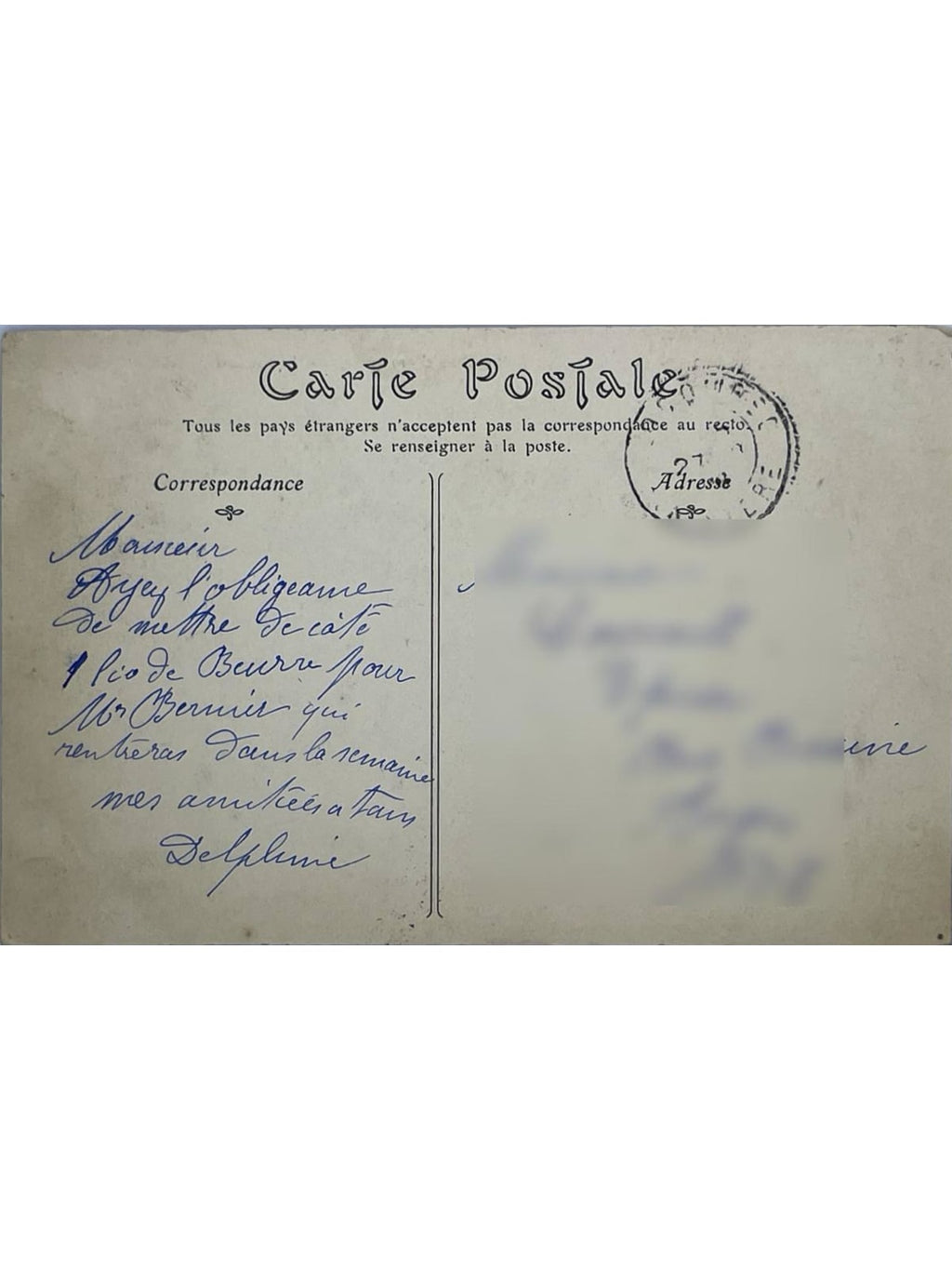 Verso de la carte postale