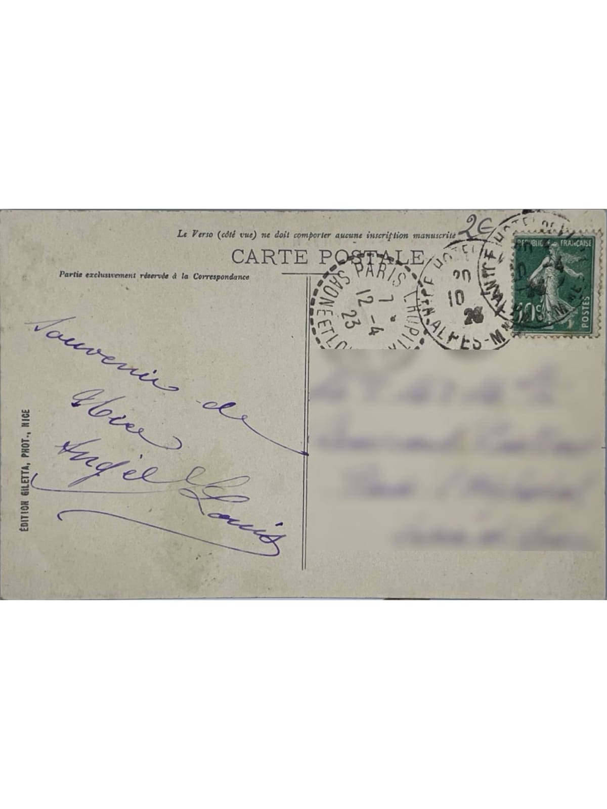 Verso de la carte postale