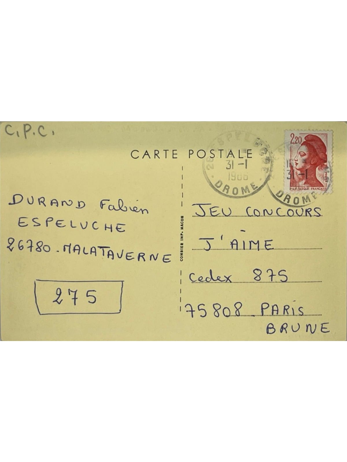 Verso de la carte postale