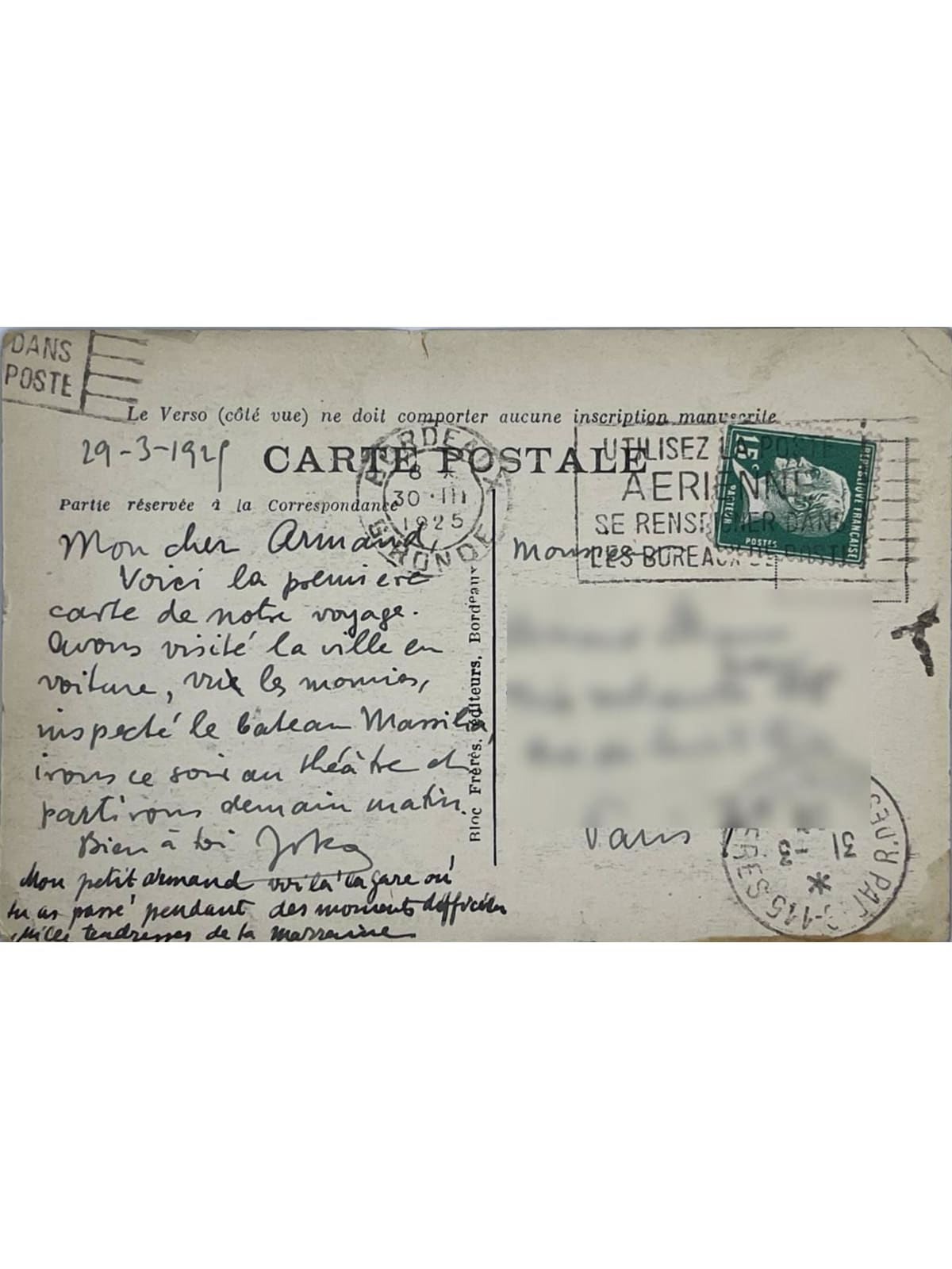 Verso de la carte postale