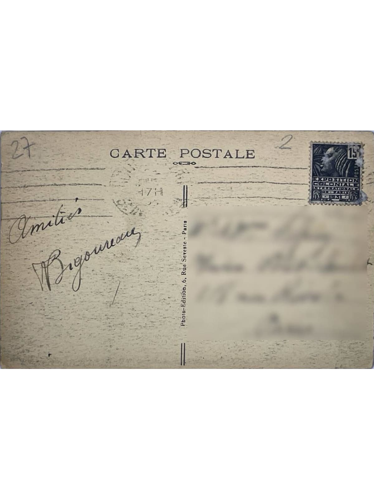 Verso de la carte postale