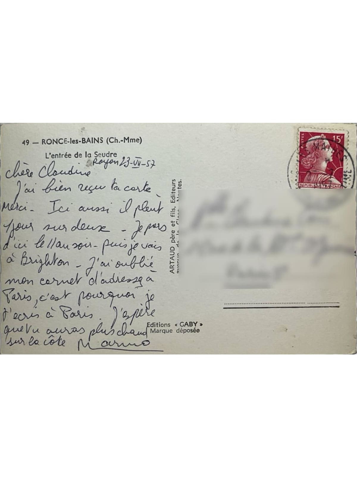Verso de la carte postale