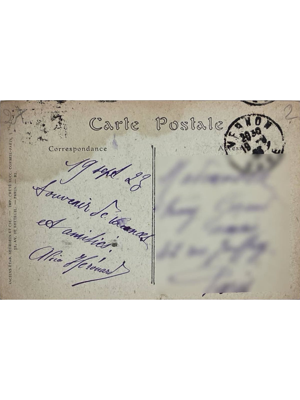 Verso de la carte postale