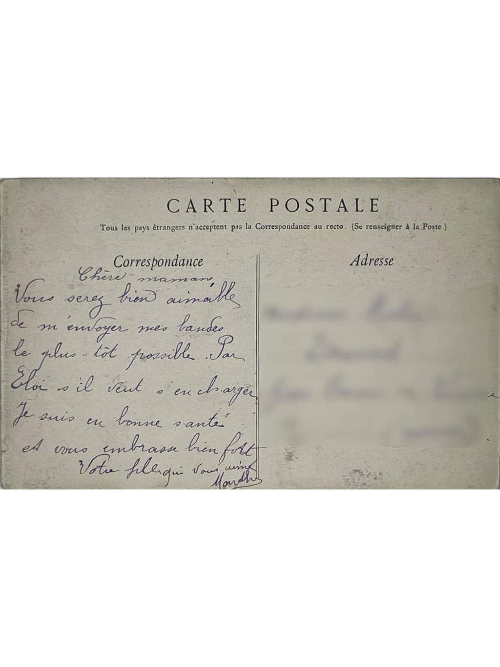 Verso de la carte postale