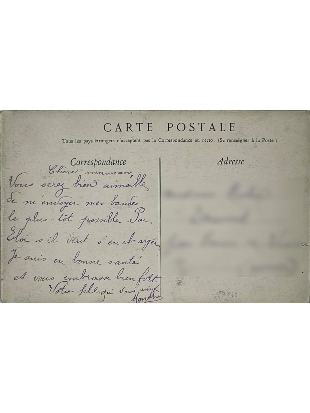 Verso de la carte postale