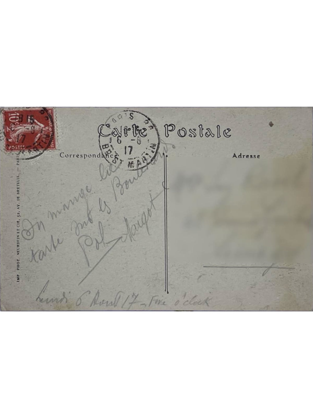 Verso de la carte postale