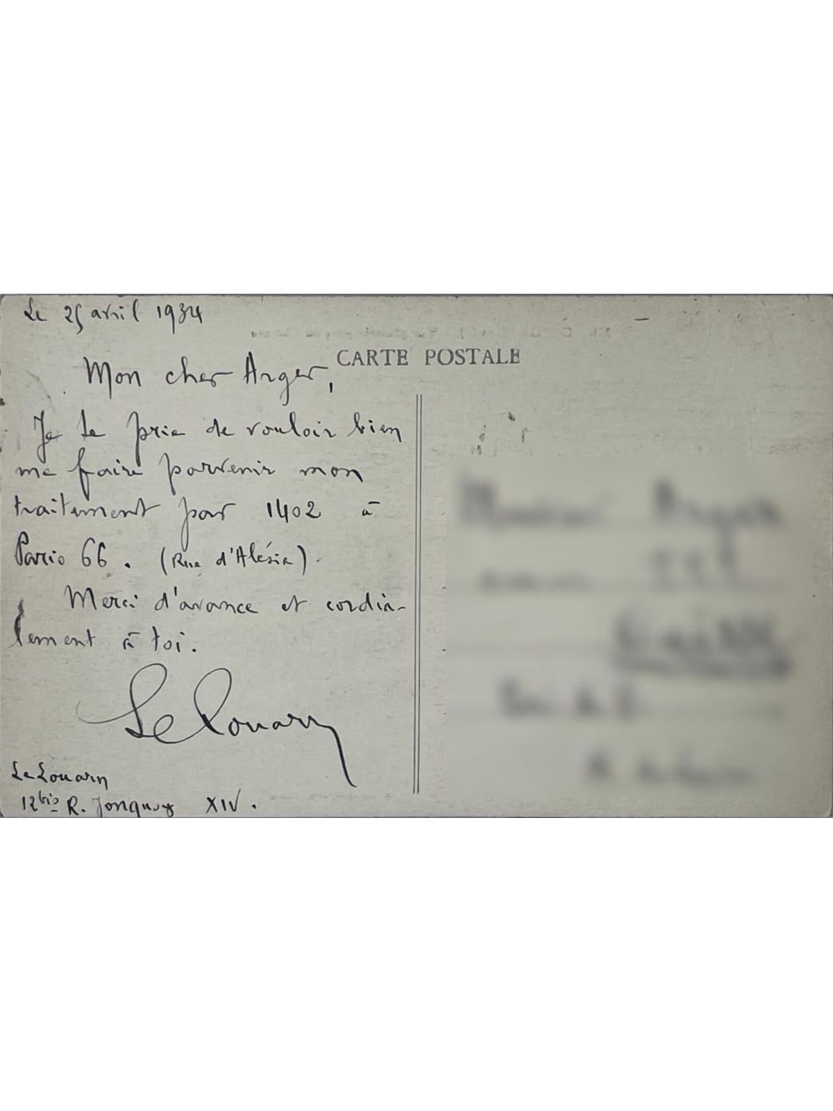 Verso de la carte postale