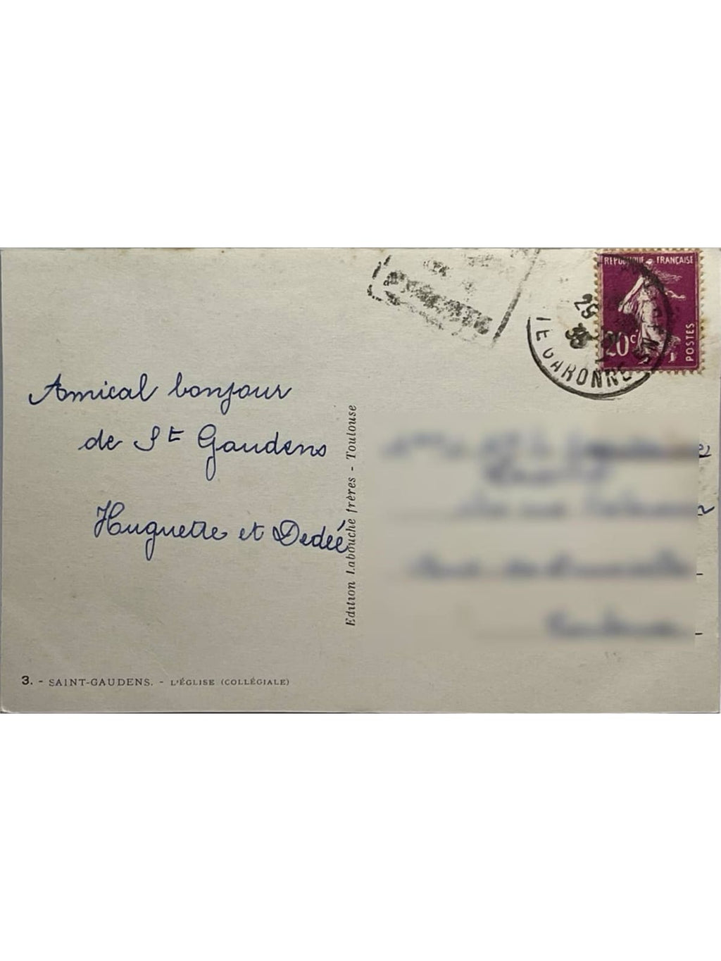 Verso de la carte postale