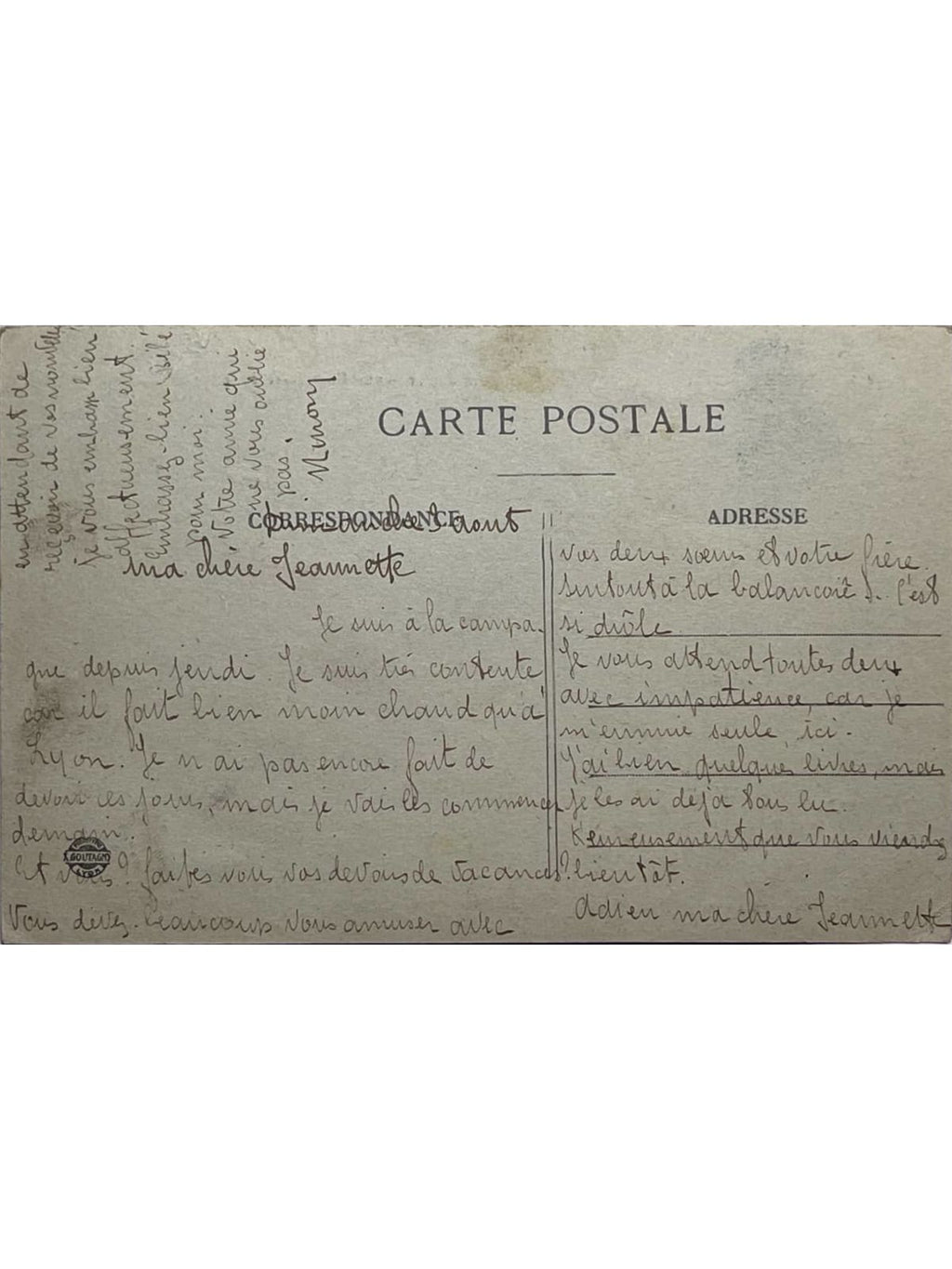 Verso de la carte postale