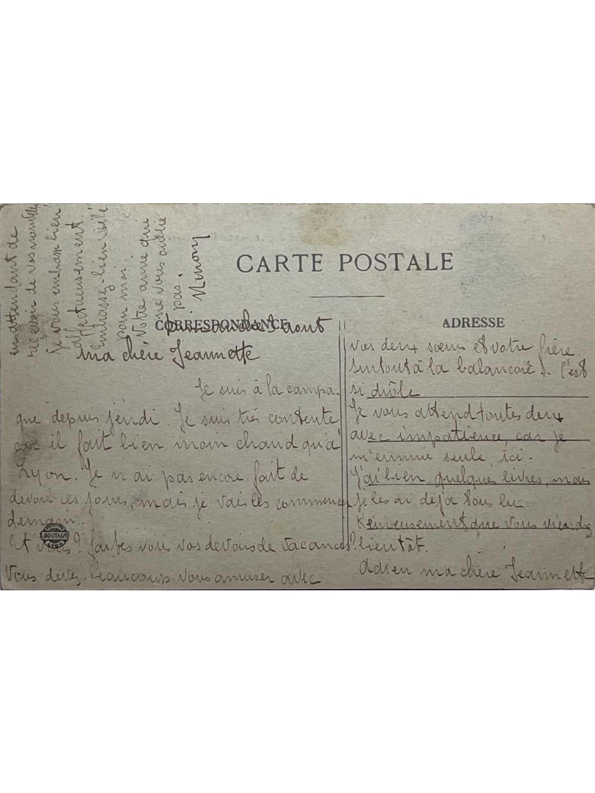 Verso de la carte postale