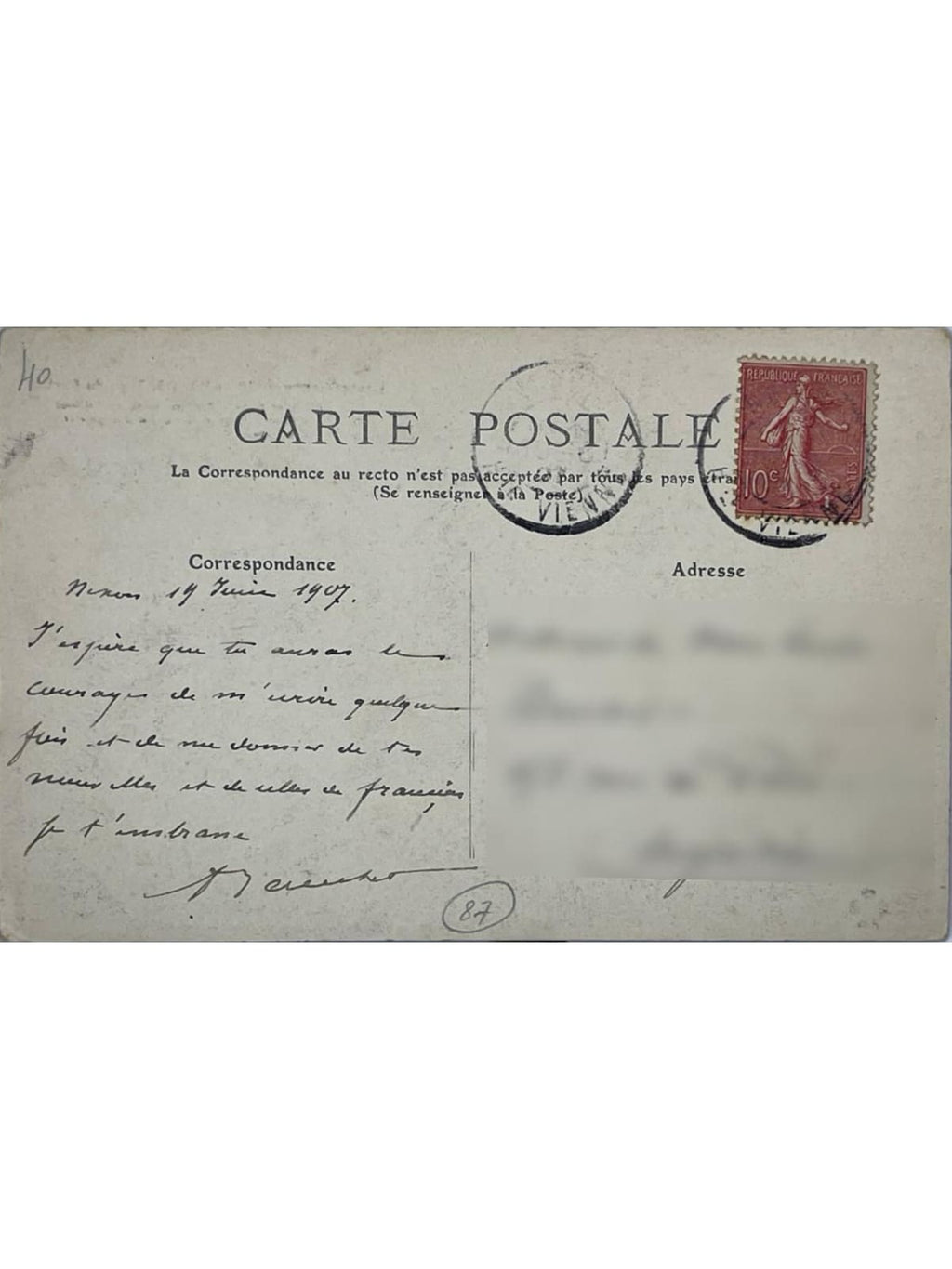 Verso de la carte postale