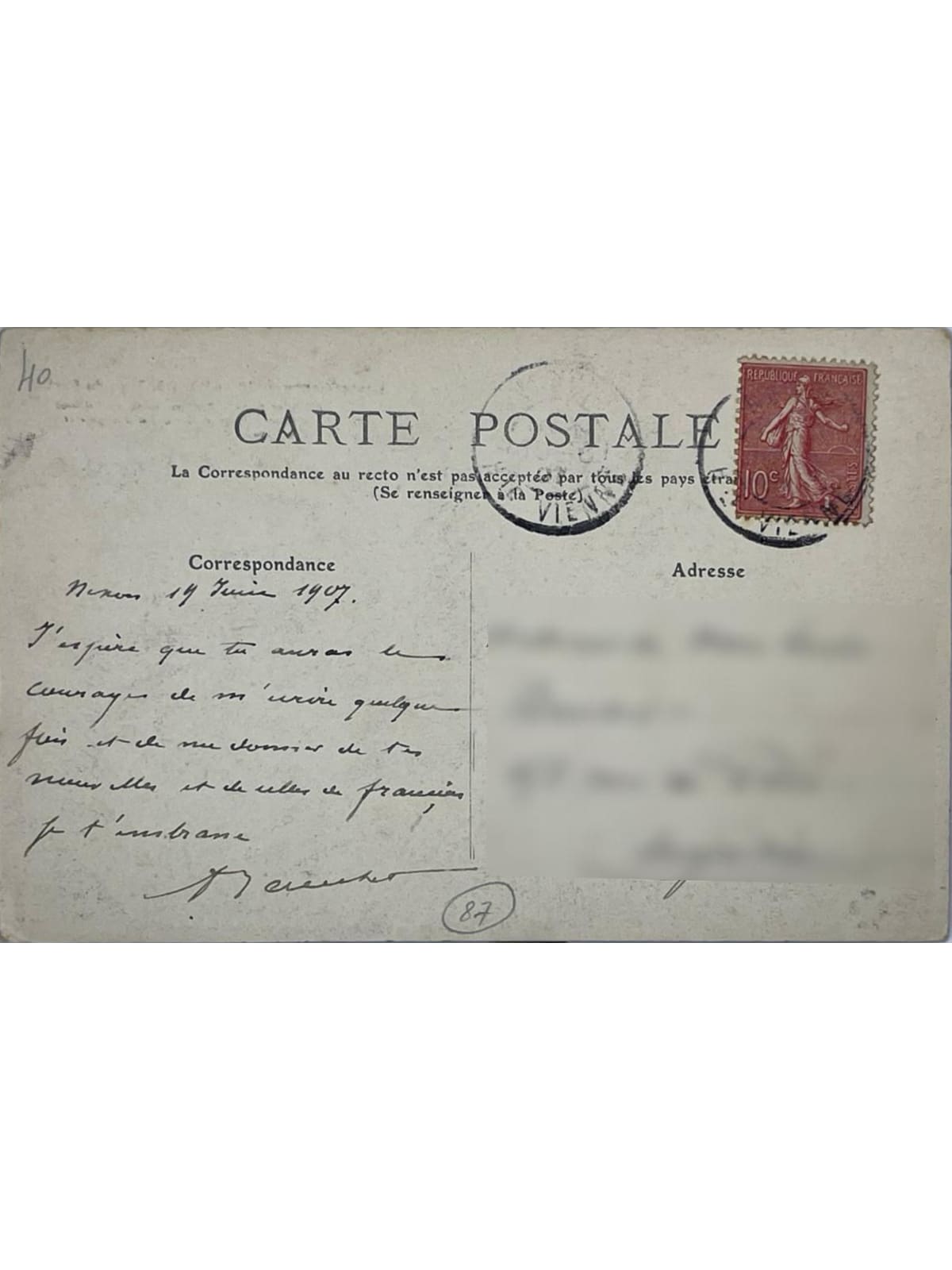 Verso de la carte postale