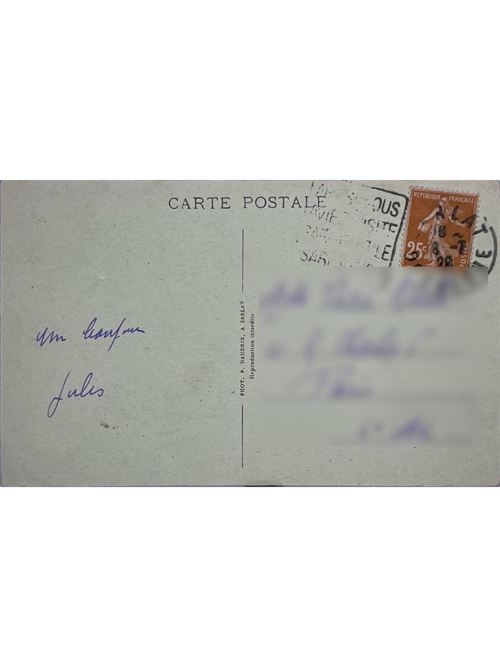 Verso de la carte postale