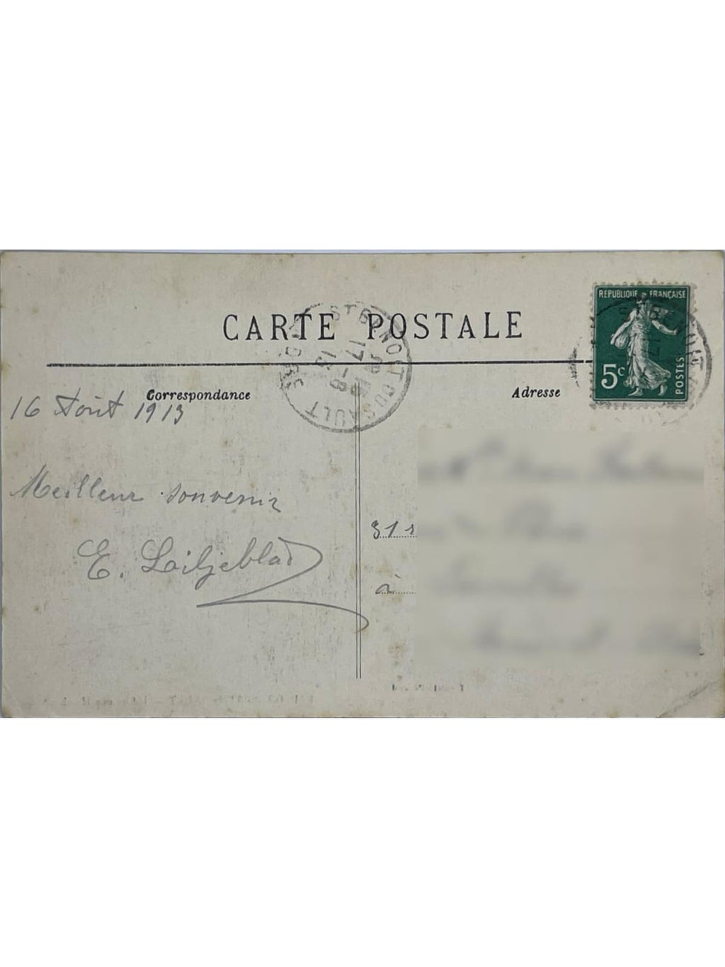 Verso de la carte postale