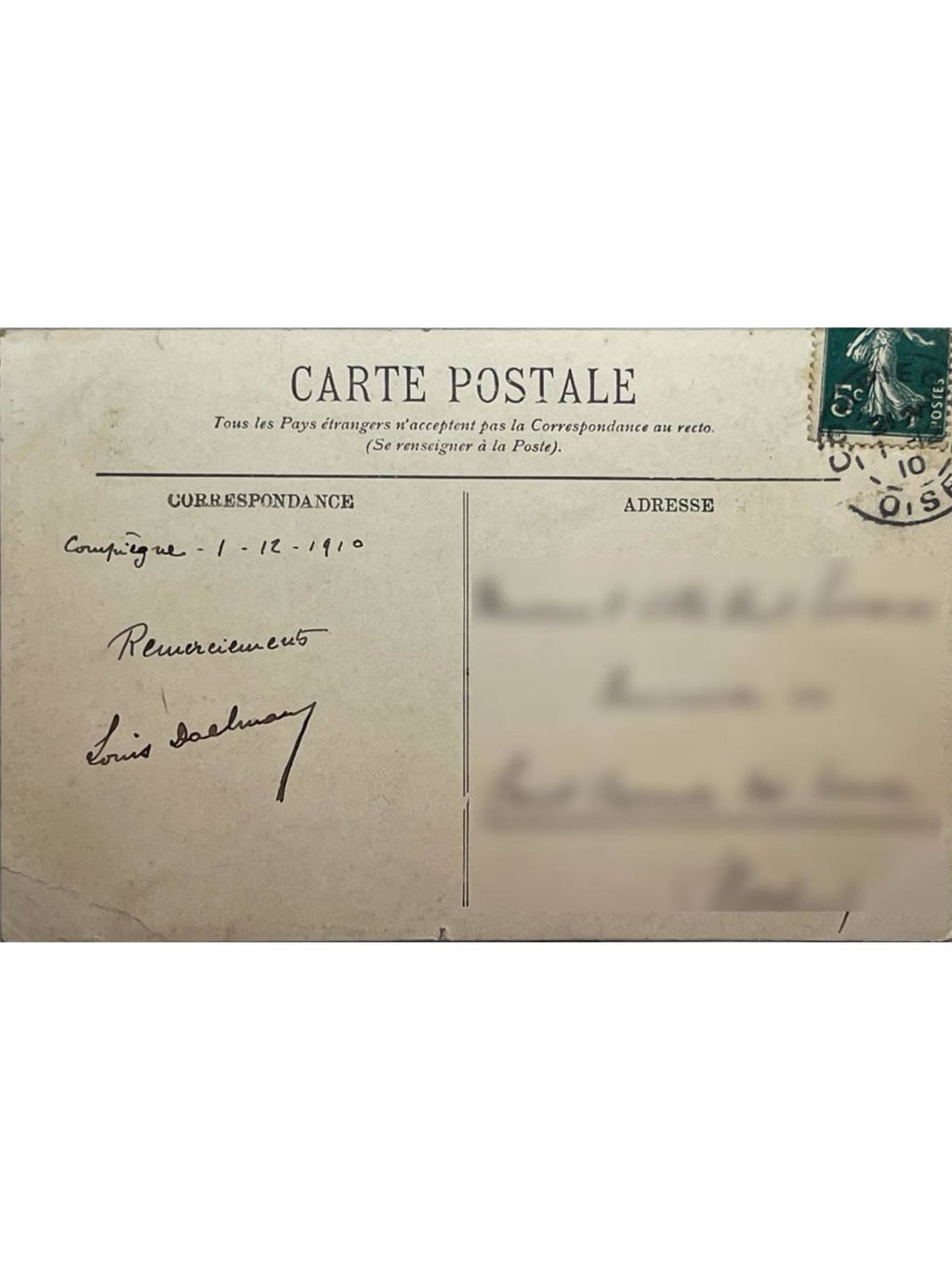 Verso de la carte postale