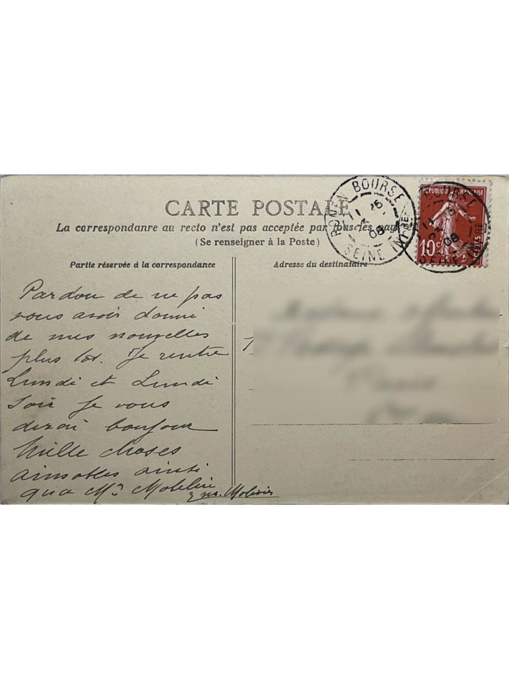 Verso de la carte postale