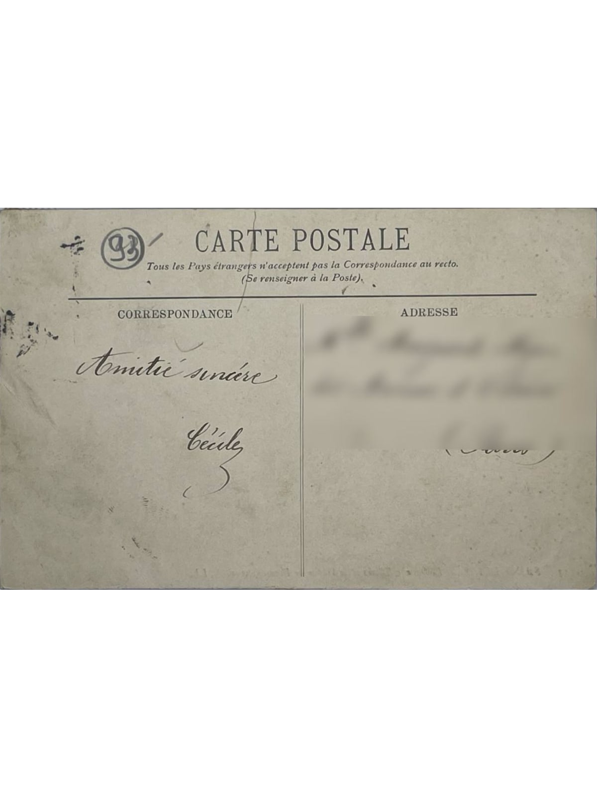 Verso de la carte postale