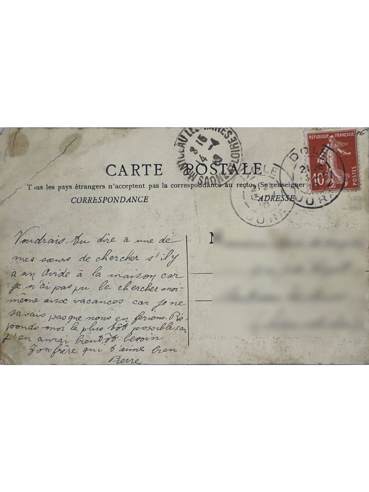 Verso de la carte postale