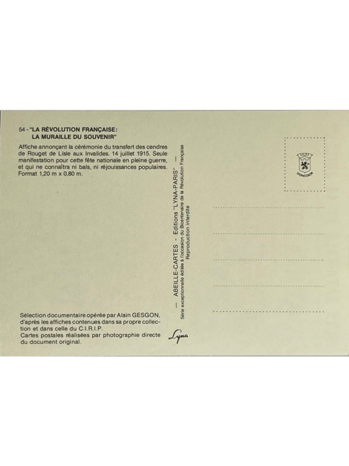 Verso de la carte postale