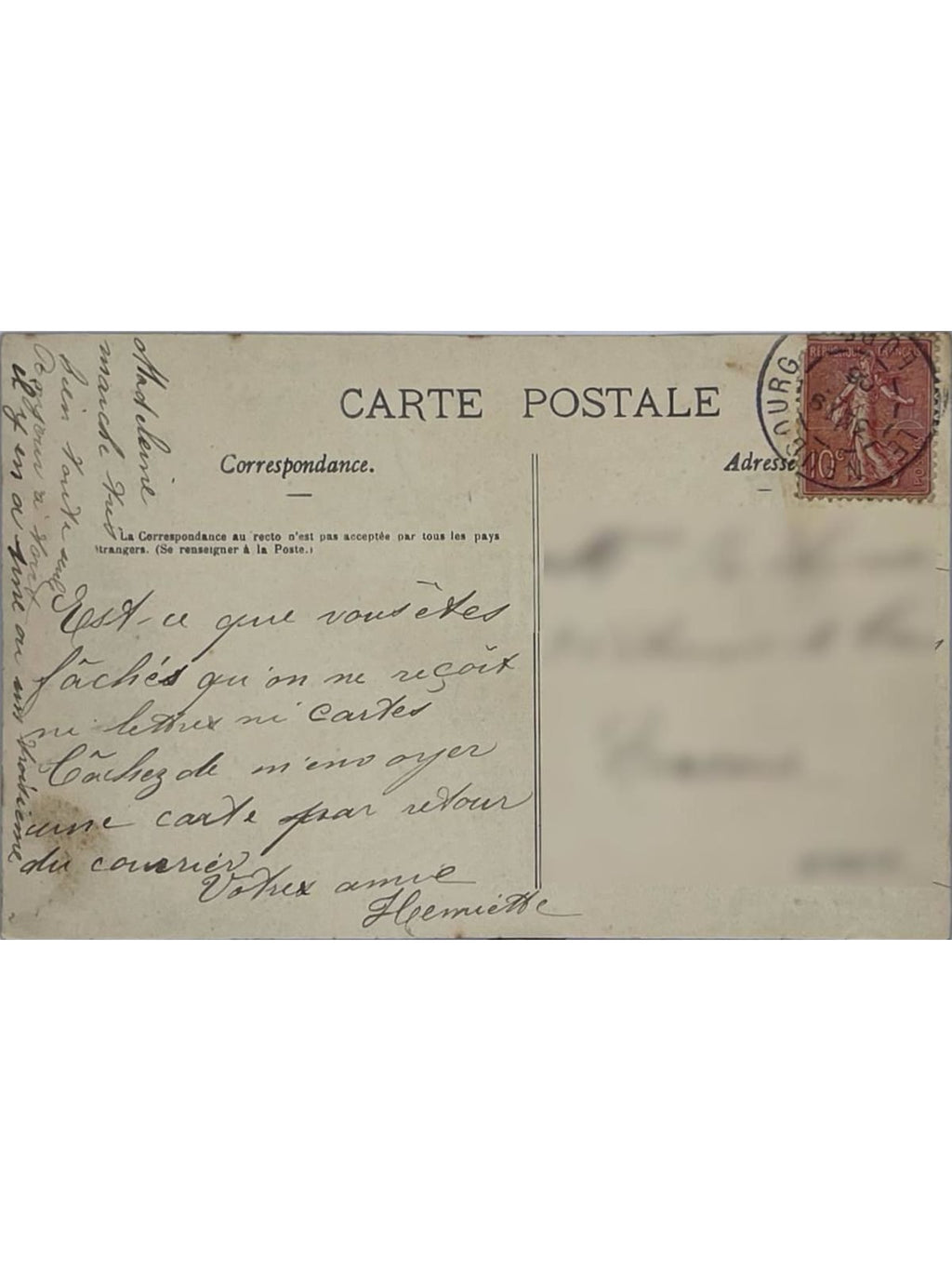 Verso de la carte postale