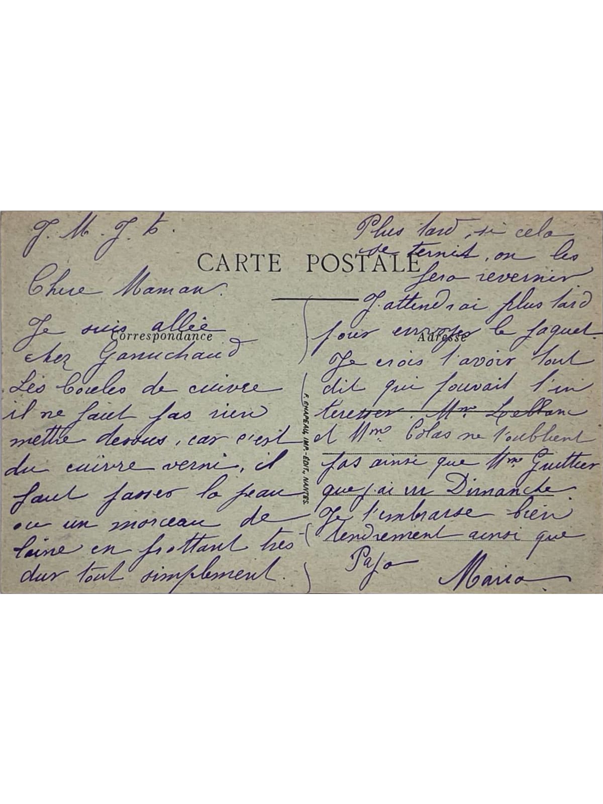 Verso de la carte postale