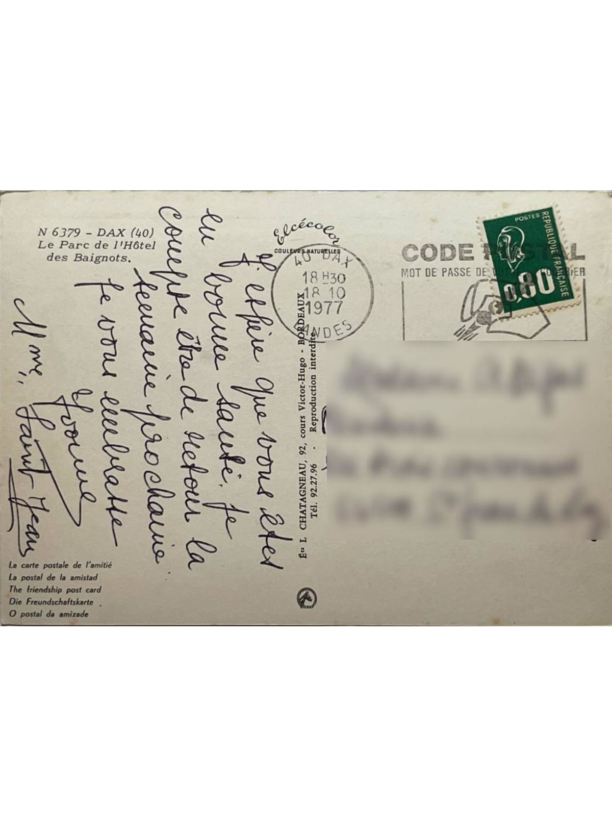 Verso de la carte postale
