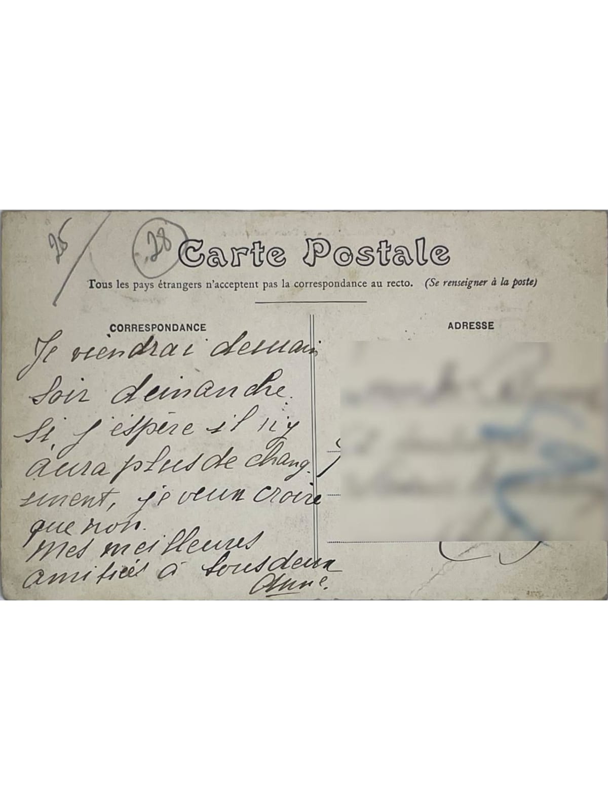 Verso de la carte postale