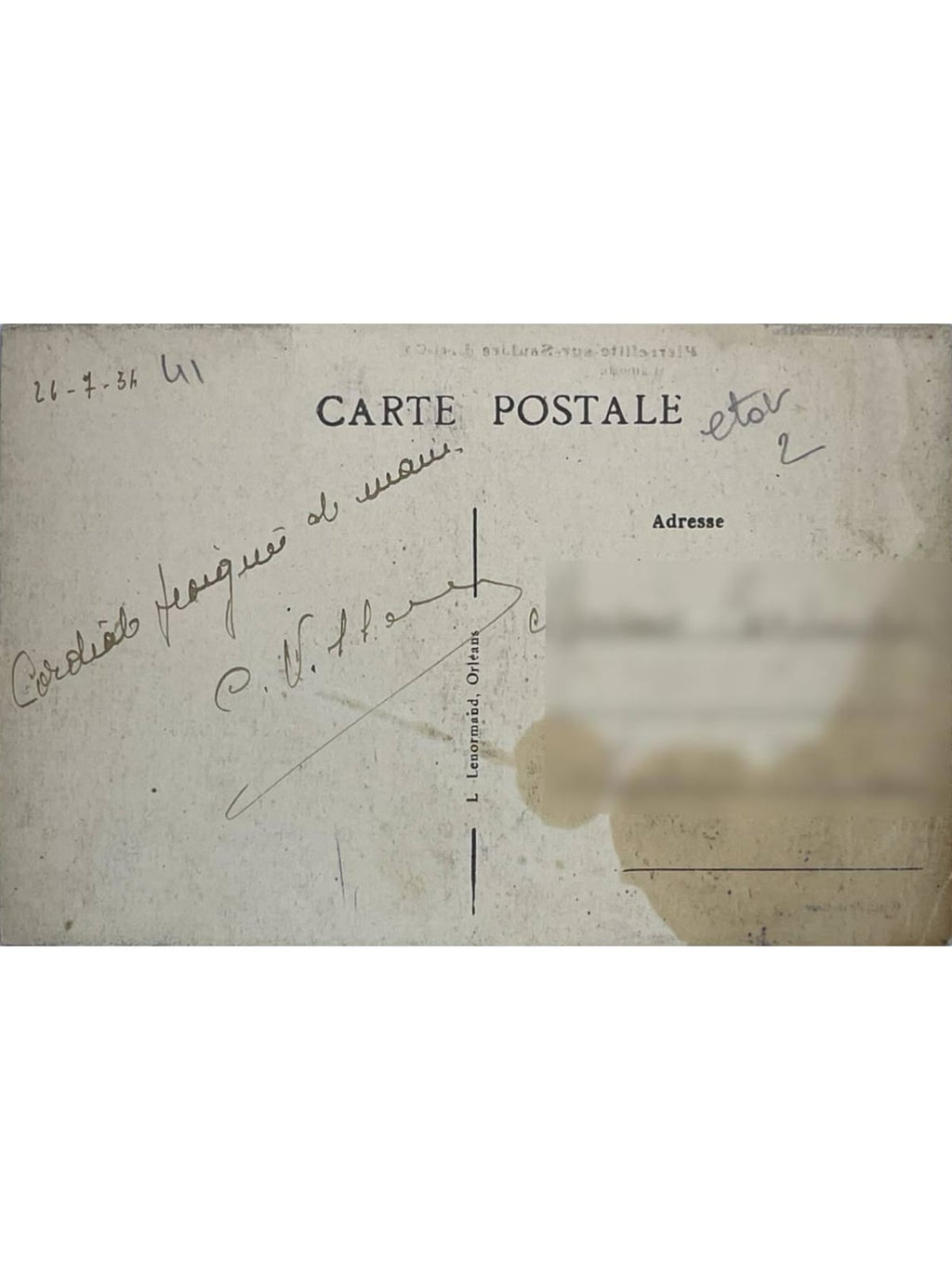 Verso de la carte postale