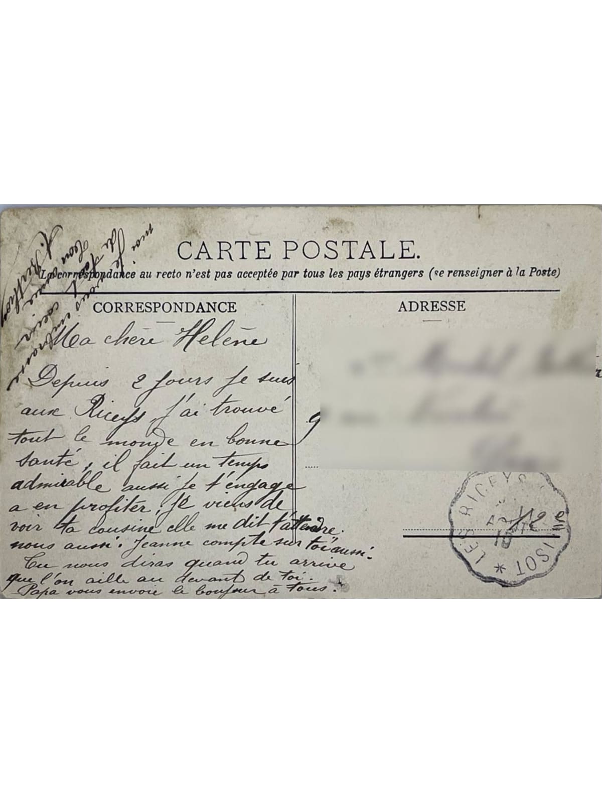 Verso de la carte postale