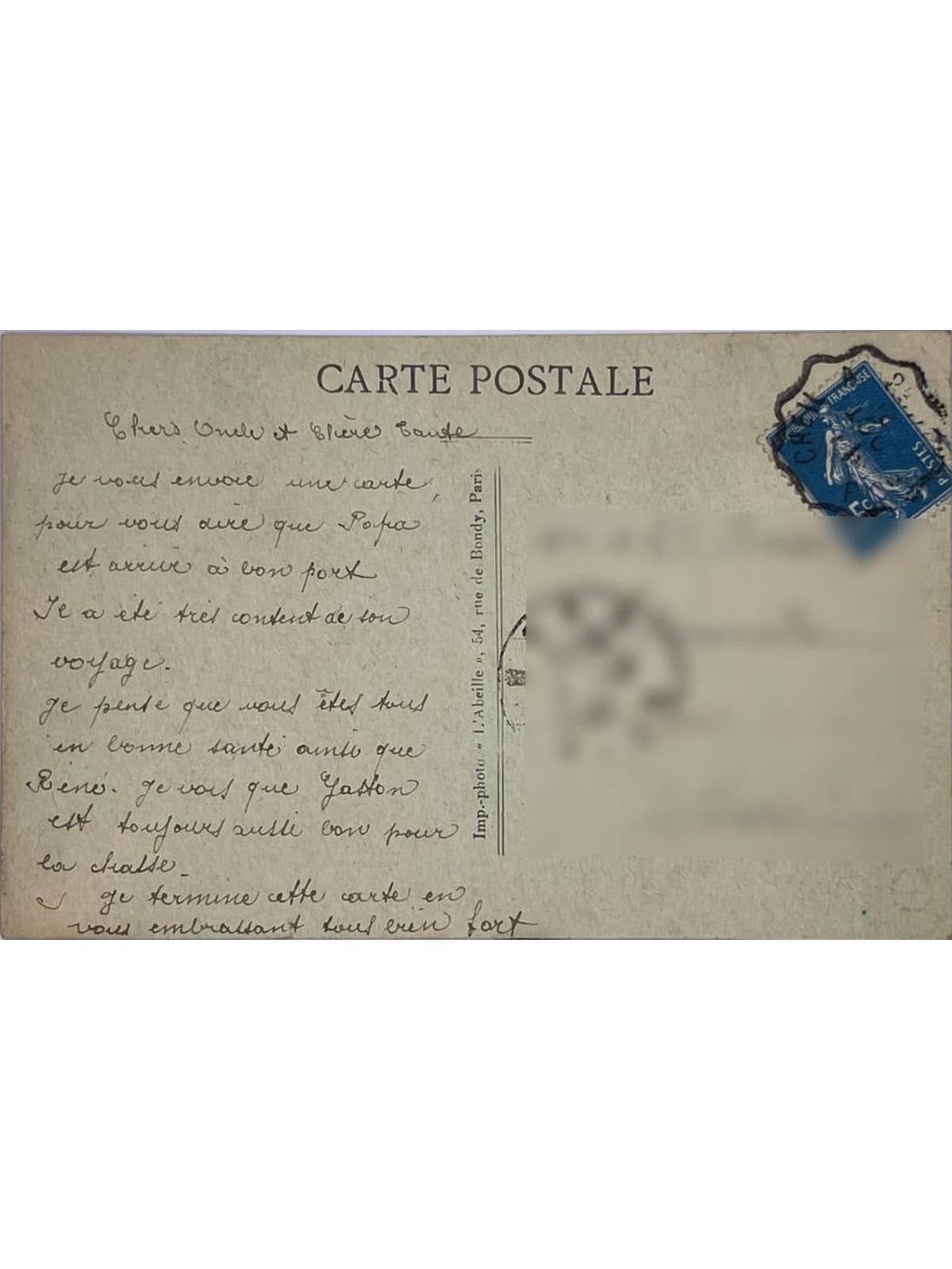 Verso de la carte postale