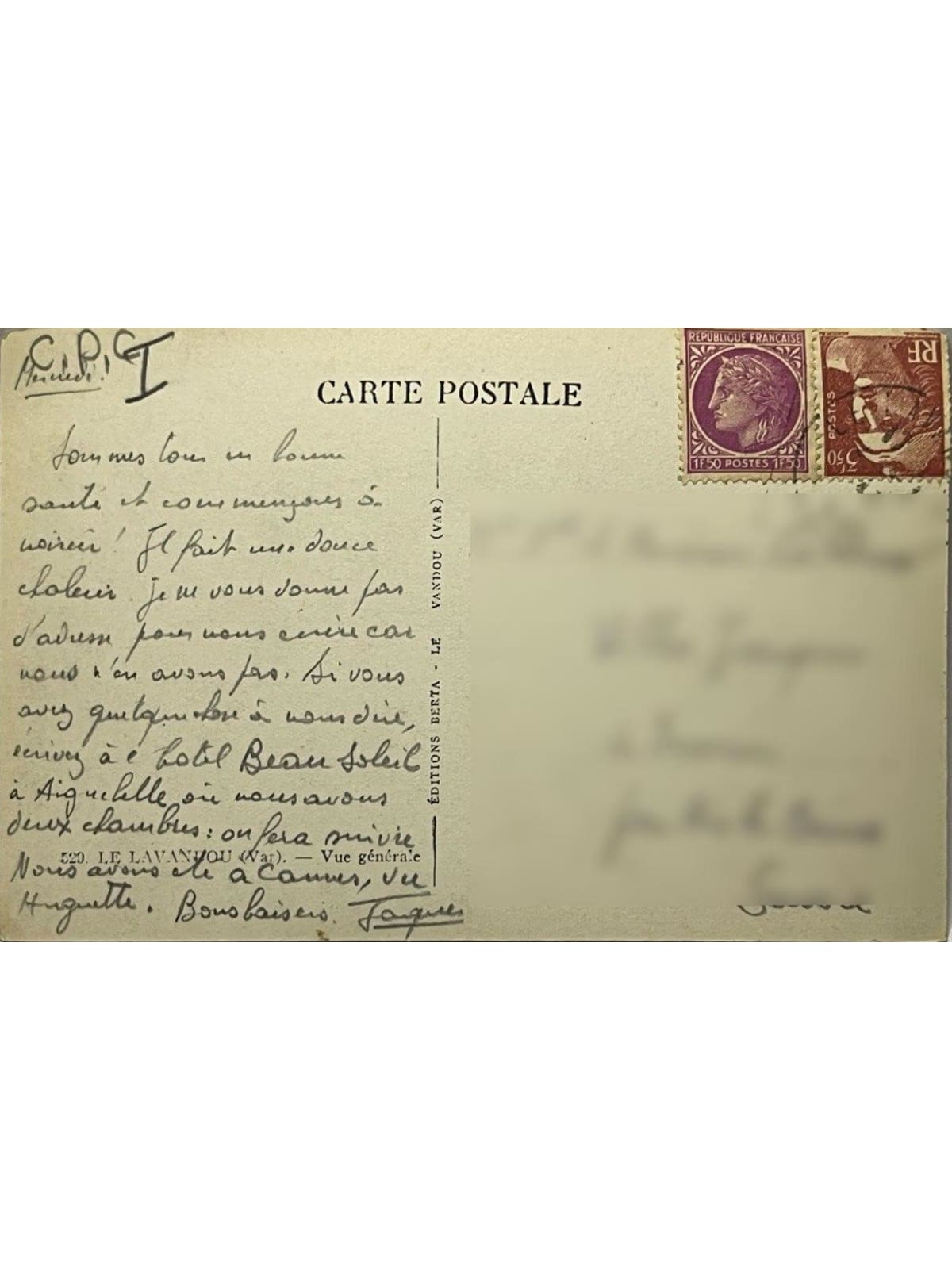 Verso de la carte postale