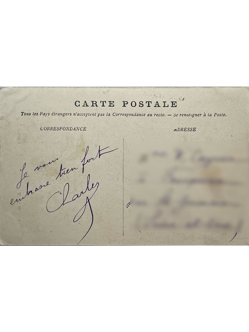 Verso de la carte postale