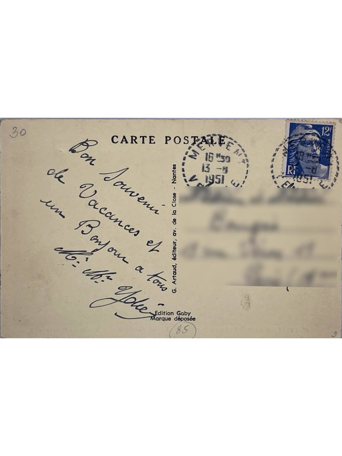 Verso de la carte postale