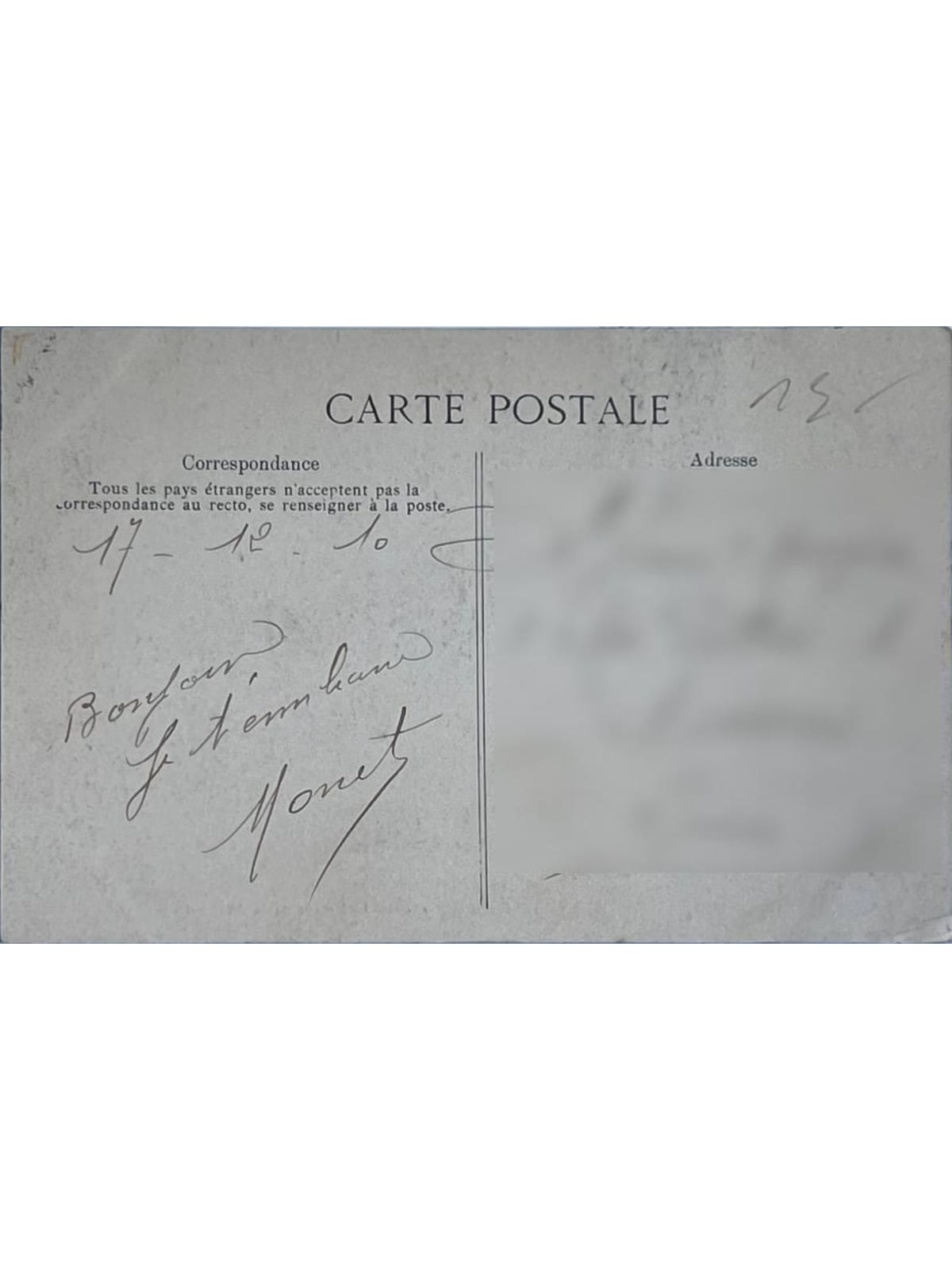 Verso de la carte postale