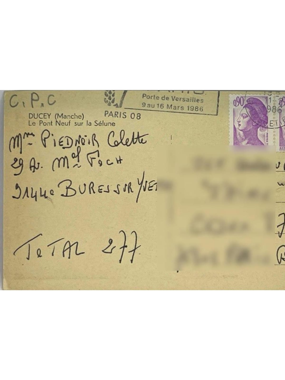 Verso de la carte postale