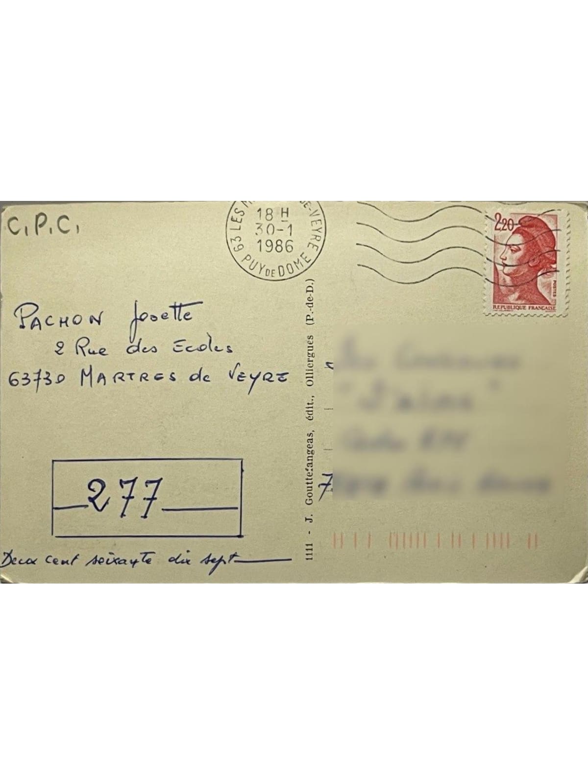 Verso de la carte postale