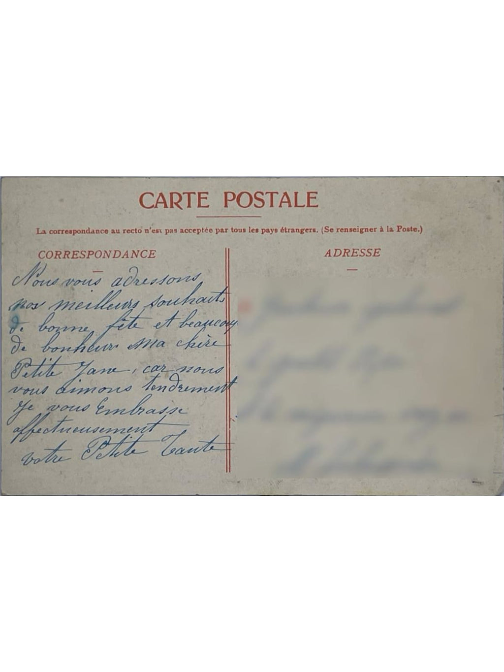 Verso de la carte postale