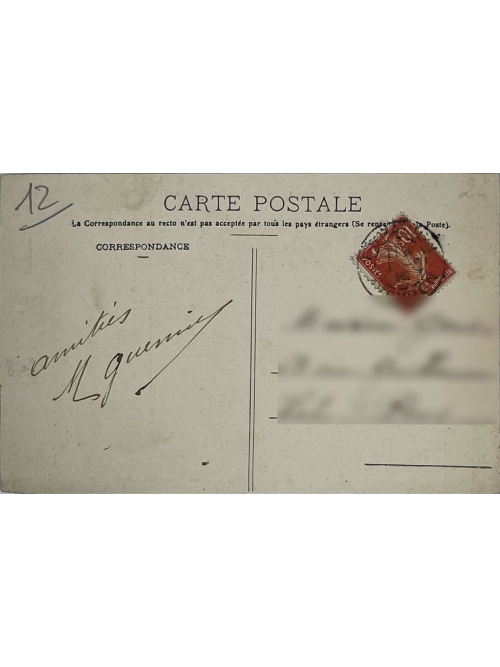 Verso de la carte postale