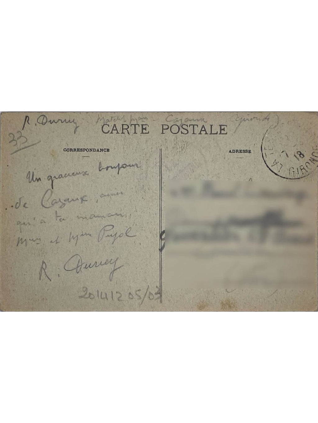Verso de la carte postale