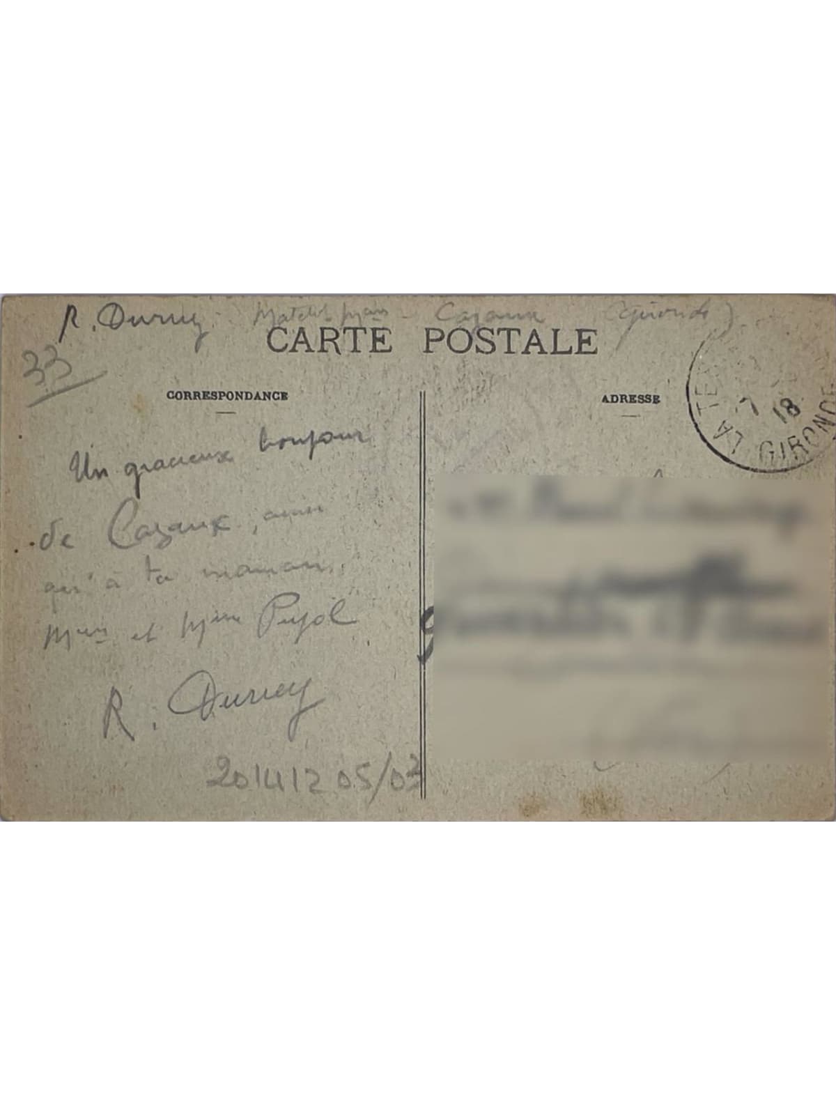 Verso de la carte postale