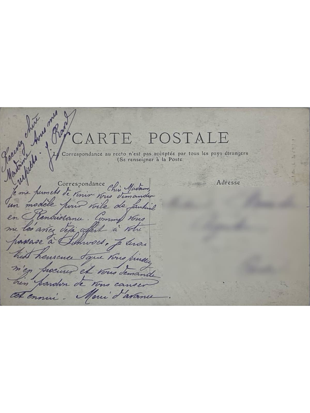 Verso de la carte postale