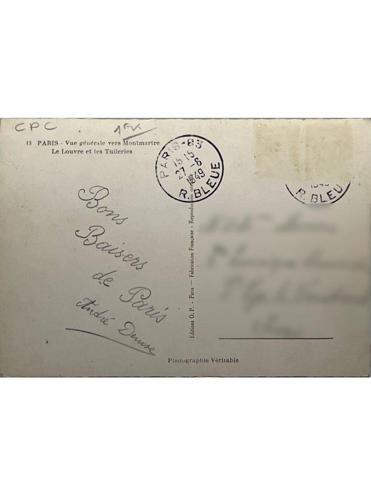 Verso de la carte postale