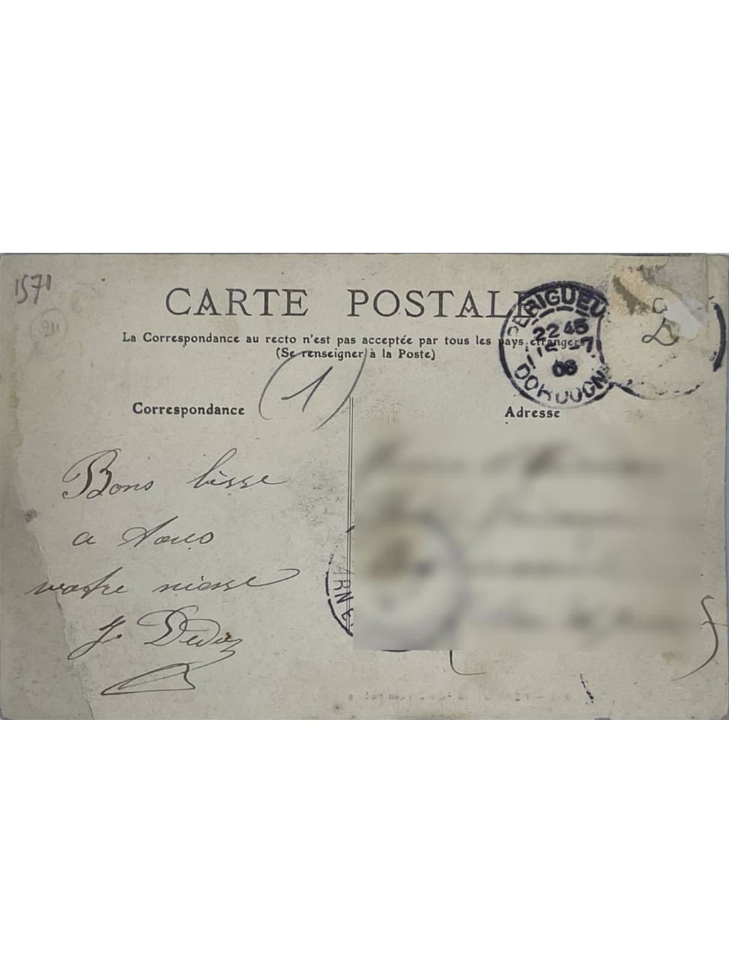Verso de la carte postale